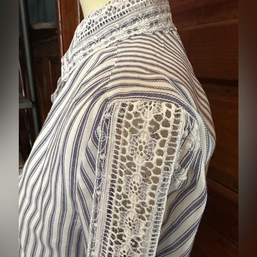 VINTAGE Prairie Style Striped Button Down w/Lace Panels - Picture 4 of 10